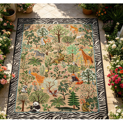 Washable Rug Animal Rug for Living Room, Forest Jungle Carpet with Non Slip TPR Backing, Low Pile Non Shedding Floor Covering, Soft Thin Foldable Printed Mat for Nursery Playroom