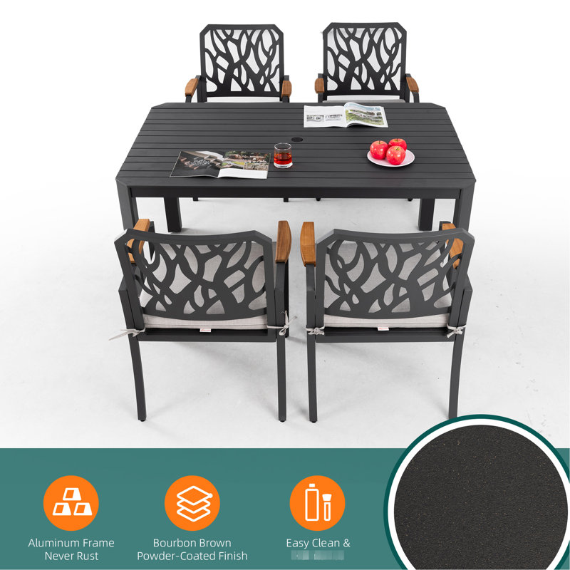 Ensemble de salle à manger 5 pièces pour patio extérieur moderne en aluminium, 4 chaises avec découpes inspirées de la nature, coussins en fonte d'argent, pieds de table triangulaires et couvercle de trou de parasol 5Pc