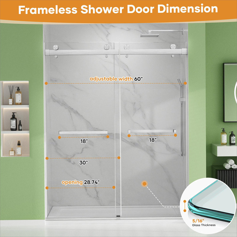 Double porte de douche coulissante sans cadre, porte en verre trempé pour la maison, Nickel brossé