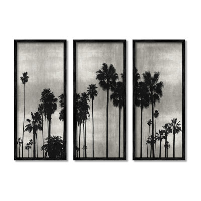 «Tropical Palm Trees Silhouette Vintage Style monochrome» par Kate Bennett - ensemble de 3 impressions sur toile flottante