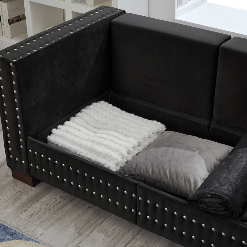 Canapé de salon moderne avec accoudoirs carrés décoratifs 2 + 3 places et clous argentés avec revêtement en velours noir