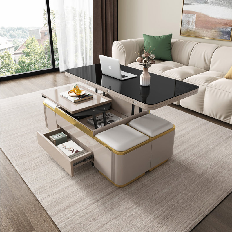 Table basse à plateau relevable moderne 47,24 "avec 4 tabourets, table de centre multifonction 3 en 1, table de salle à manger extensible pour le salon