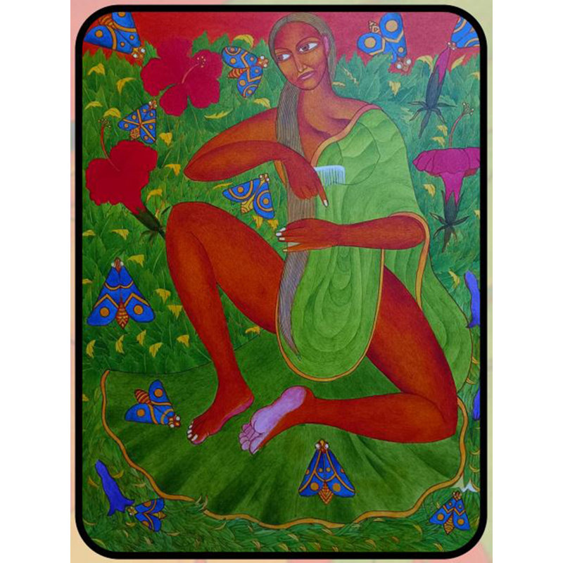 Jeune fille brune peignant dans le jardin Morpho | Acrylique sur toile | Par Pramod Neelakandan