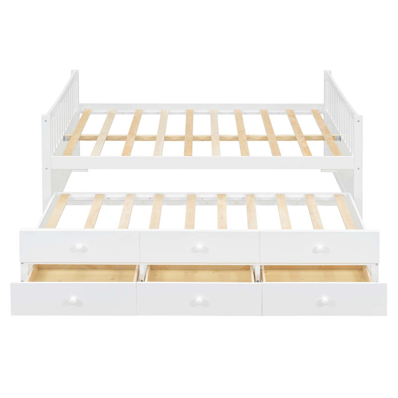 Lit de jour double avec lit gigogne simple et tiroirs, Blanc