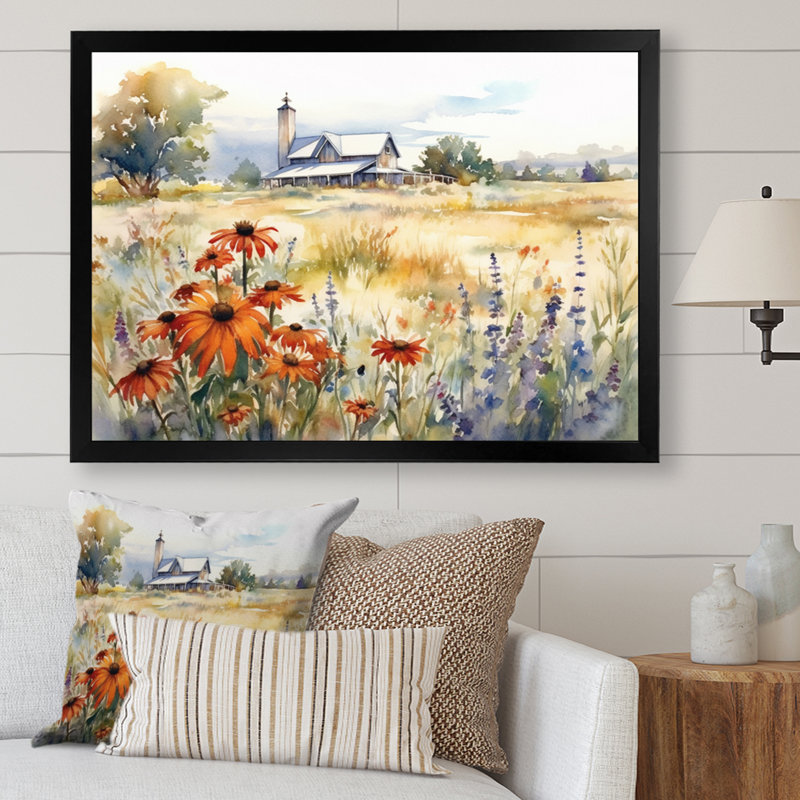 «Green Green Meadow At The Farm II», reproduction d'art sur toile florale, H 30 po x l 40 po x P 1,5 po, Cadre photo noir