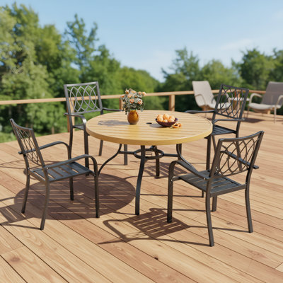 47" Wood-Grain Patio Table with Umbrella Hole & 4 Stacking Chairs - 5-Piece Rustproof Outdoor Set