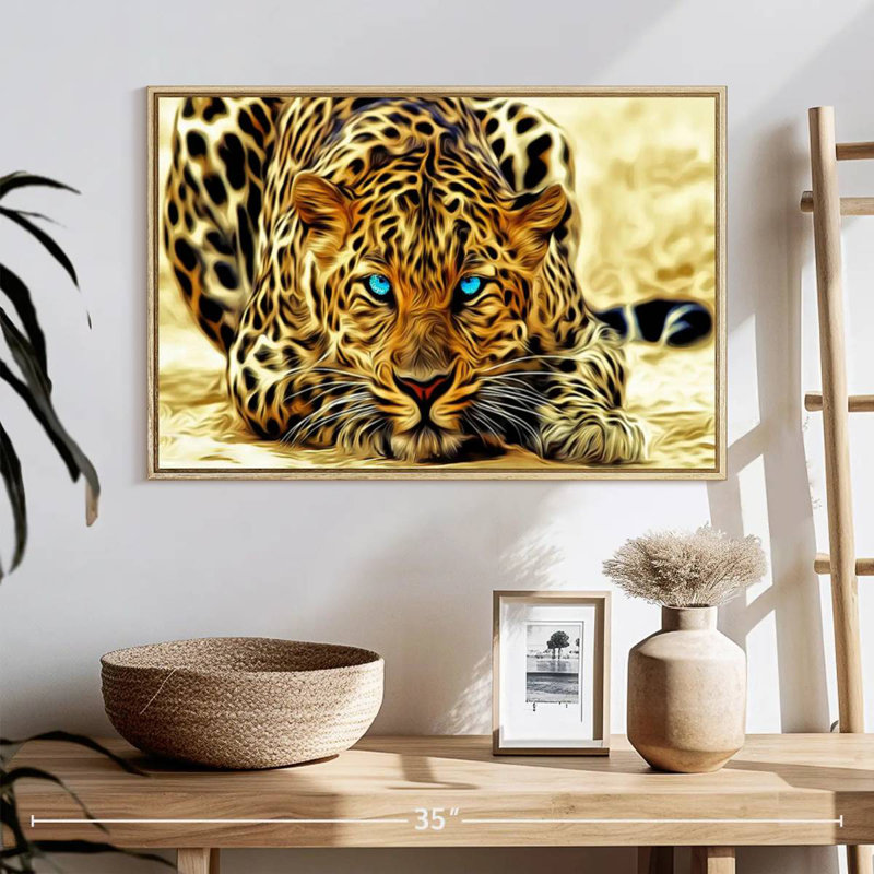 Jaguar aux yeux bleus, Cadre flottant en bois naturel, 25 po x 17 po