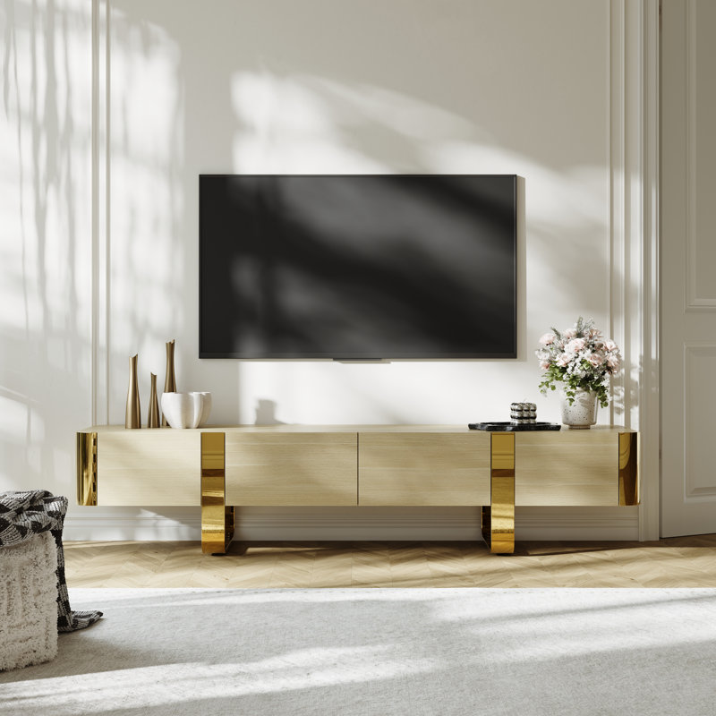 79 Inch Wood And Gold TV Stand Entertainment Center With Drawers And Door Cabinet, Natural Wood/Gold