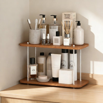 Adjustable 2-Tier Countertop Organizer, Minimalist Wood & Metal Shelf For Bathroom, Vanity, Kitchen, Skincare, Perfume & Storage