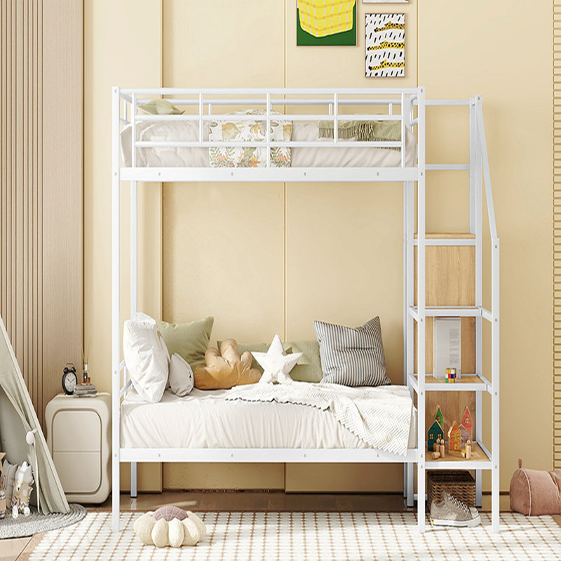 Twin Over Twin Metal Bunk Bed with Lateral Storage Ladder and Wardrobe, White