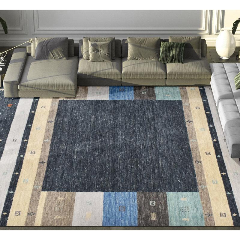 Hand Knotted Wool Area Rug in Black/Beige/Gray/Blue, Rectangle 4' x 6'