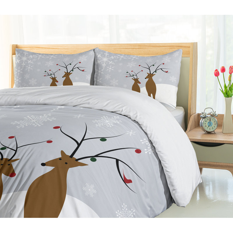King Size Christmas Reindeer Snowflake Microfiber Duvet Cover Set