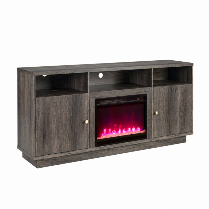 Meuble télé avec foyer, lumière DEL, 3 tablettes ouvertes, Gris