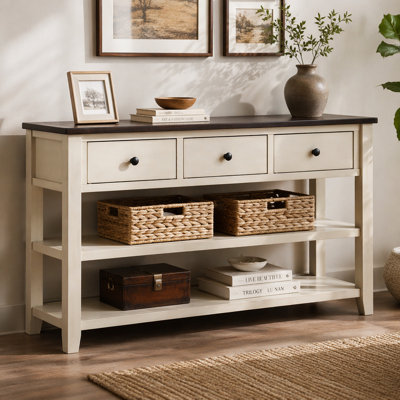 Console rétro avec deux tablettes ouvertes, structure et pieds en bois de pin massif