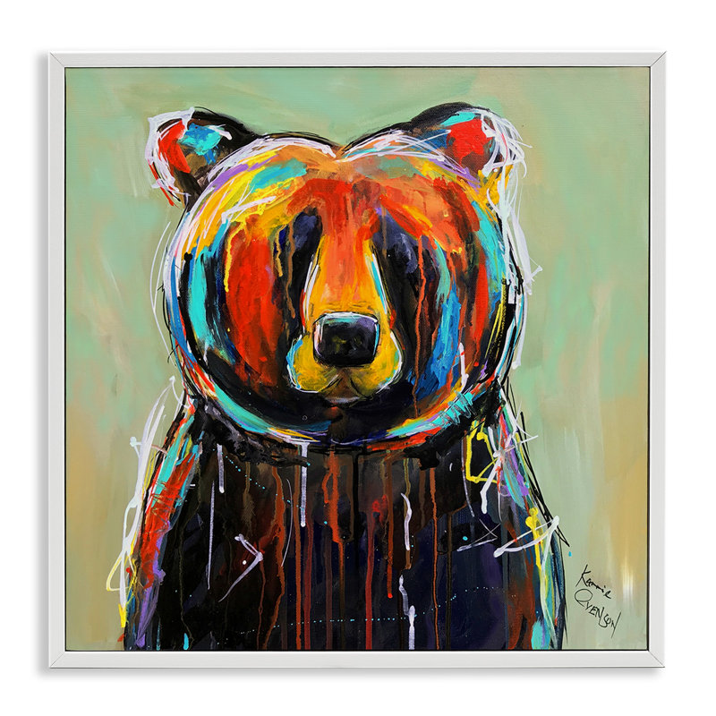 «Abstract Colorful Painted Black Bear», impression, H 17 po x l 17 po, Giclée encadrée blanc bord de mer
