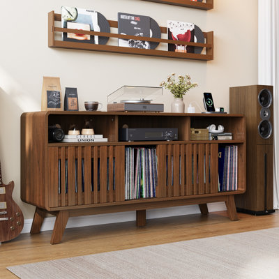 Mid-Century Modern Turntable Stand with AC & USB Charging Outlets, Large Capacity Vinyl Record Storage Cabinet, Multi-Function Media Console Table for Living Room Bedroom Audio Equipment