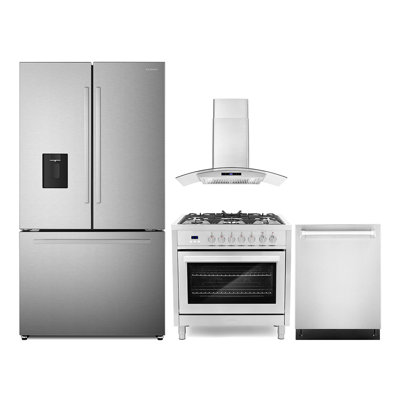 Cosmo 4 Piece Kitchen Appliance Package with French Door Refrigerator 36'' Dual Fuel Freestanding Dual Fuel Built-In Wall Mount Range Hood