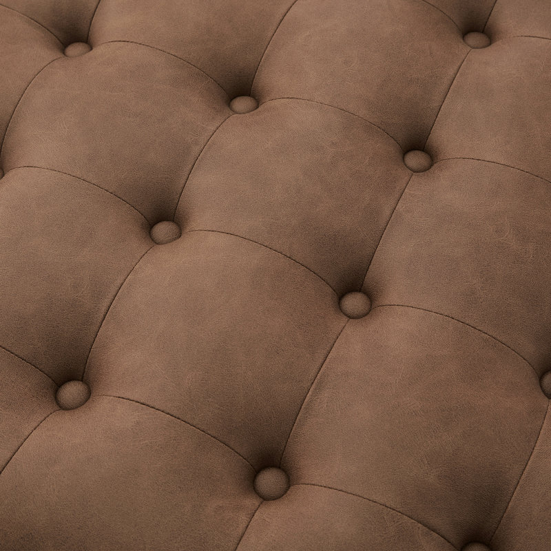 Dimitrika 30'W Faux Leather Tufted Round Storage Ottoman, Light Brown