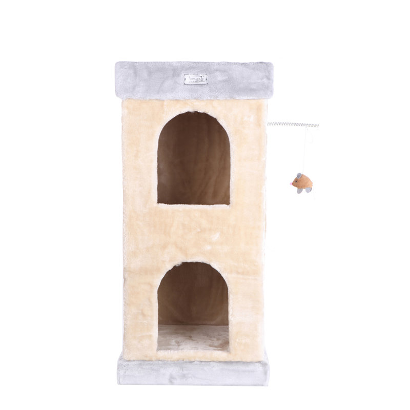 Beige Faux Fur and Sisal Freestanding Cat Tree with Double Condo