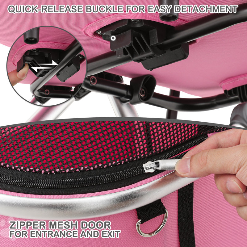 Pink Aluminum 3-in-1 Pet Stroller with Detachable Carrier
