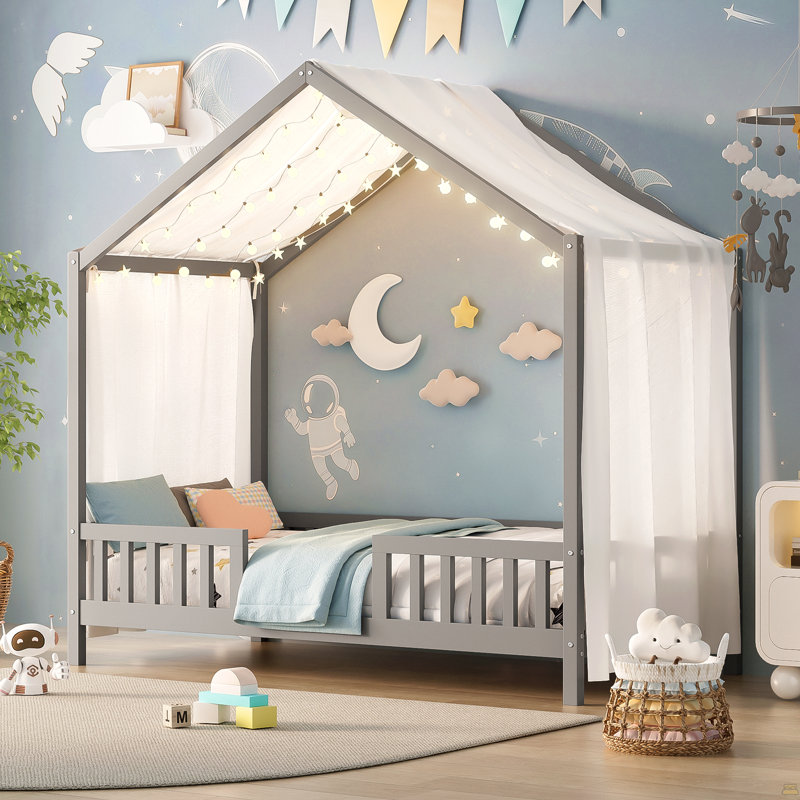 Lit de sol avec baldaquin Montessori, structure de lit simple, Gris, Lit simple