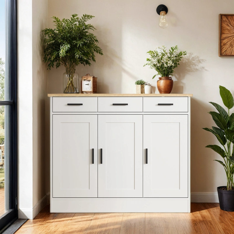 Buffet en chêne de 43,3 po de largeur, armoire à café avec 3 tiroirs et 3 portes, buffet de cuisine pour le salon, cuisine