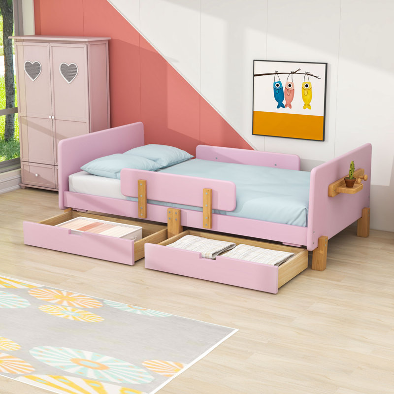 Lit en bois pour enfants avec 2 tiroirs de rangement, Simple, Rose