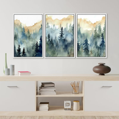 Woodland Forest Landscape " Pastel Watercolor Pine Tree Forest " 3 - Pieces