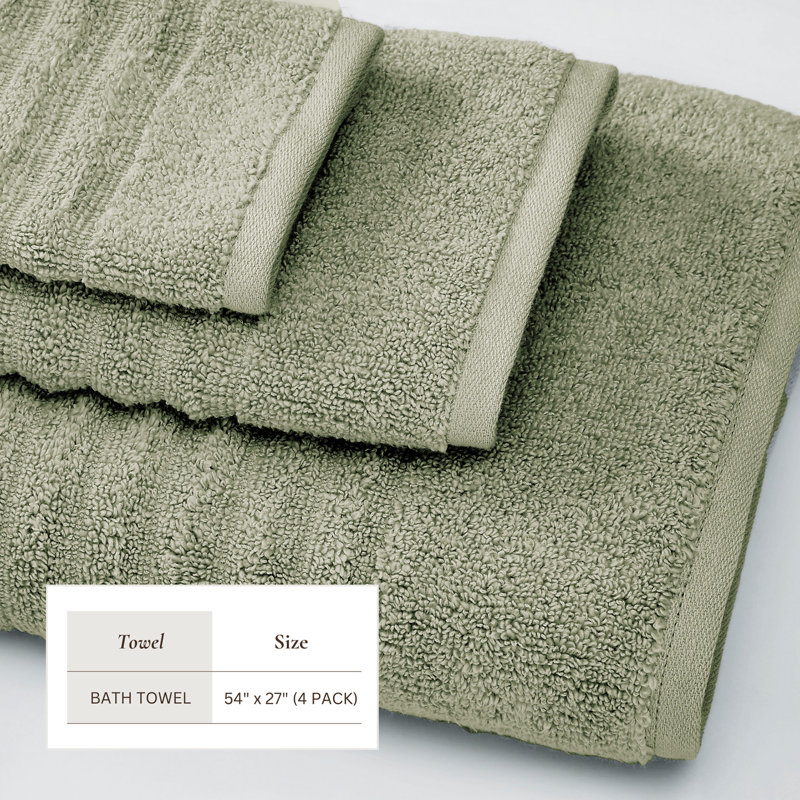 100% Zero-Twist Cotton Ribbed Bath Towels , Bath Towels - 4 Pack, Eucalyptus