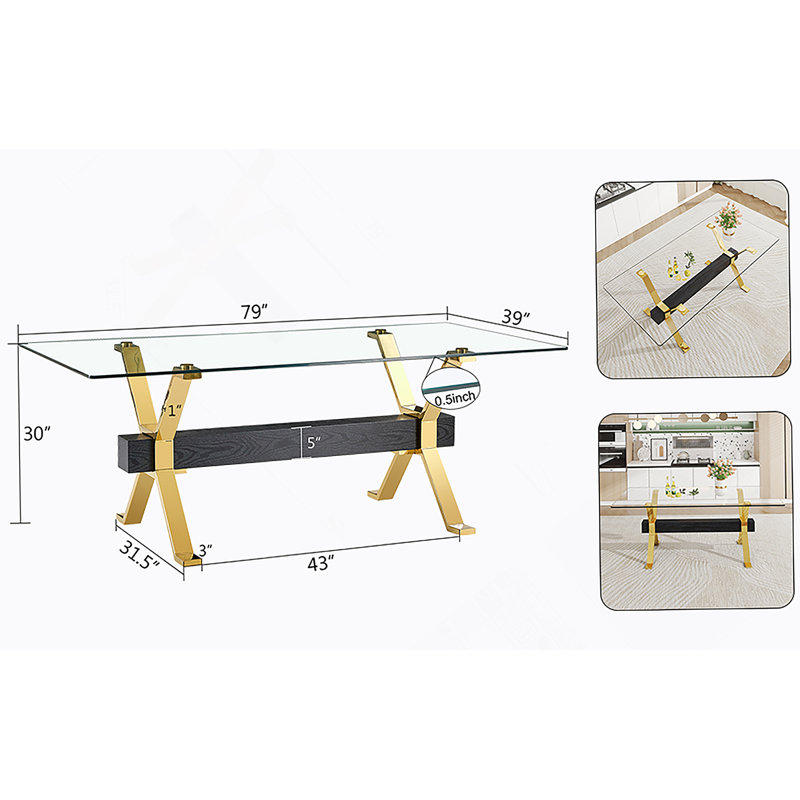 Table de salle à manger rectangulaire 1 pièce sans chaise, H 30 po x L 79 po x l 39 po, Noir / or