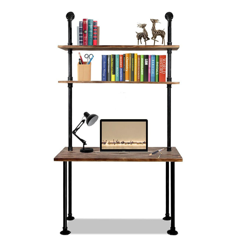 Décoration de bureau de style industriel, bureau d'ordinateur avec tablettes de rangement à 2 niveaux, bureau d'ordinateur pour bibliothèque, poste de travail d'écriture avec huche pour bureau à domicile