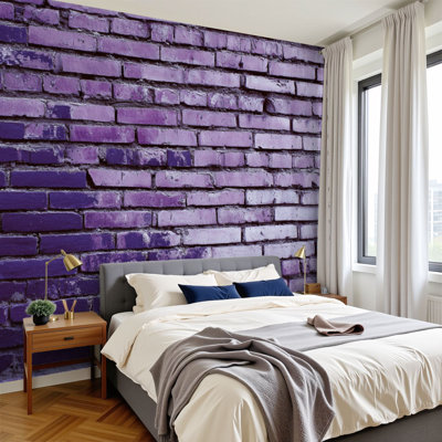 Peel and Stick Wallpaper 96" W x 69" H Modern Self Adhesive Wall Mural for Bedroom Purple brick building wall