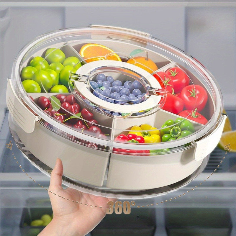 Divided Serving Tray with Lid and Handle, 360° Rotating 6.6L Large Capacity Snackle Box Container with Dividers, Portable Snack Boxs for Fruit Veggie Salad, Beach Essentials Ideal for Picnic