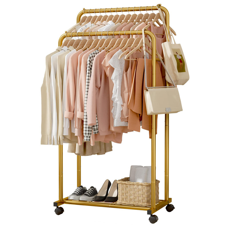 Portant à vêtements en métal avec tablette en filet et roulettes, Doré