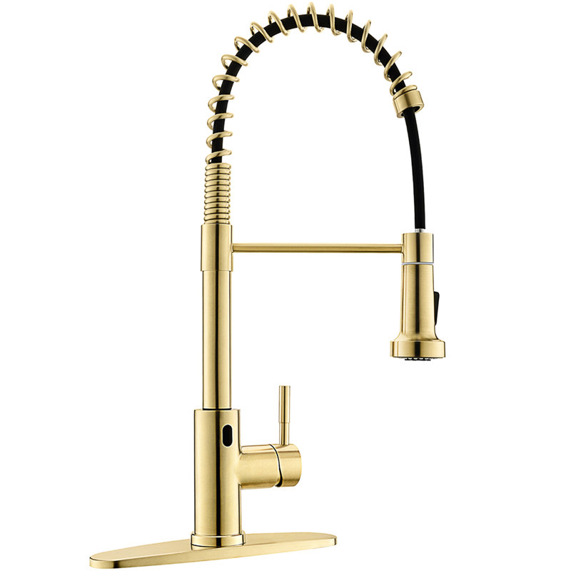 Robinet de cuisine automatique automatique en or brossé - sans contact avec tirette escamotable efficace pour utilisation dans les cuisines modernes à capteur de mouvement