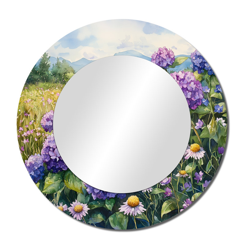 Hortensias dans un champ de fleurs sauvages - décoration murale miroir floral - imprimé sur métal, 36 po x 36 po