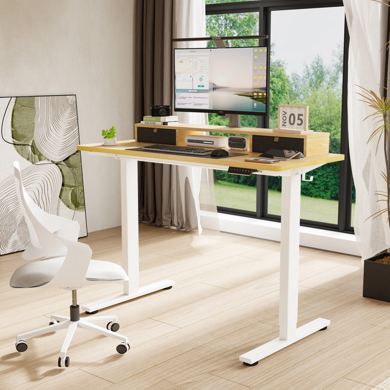 Bureau debout à hauteur réglable avec 2 tiroirs Lysandre Home Office, H 48,6 po x l 55,1 po x P 23,6 po, Érable / noir