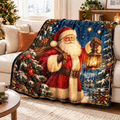 Cozy Christmas Santa Claus Blanket, Festive Winter Scene Plush Throw for Sofa, Couch, Bedroom, Living Room Home Decoration