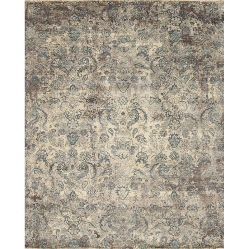 Tapis gris / beige / vert en laine noué à la main 8 pi x 10 pi European Damask