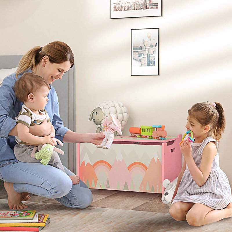 Soft Sage Green MDF Children’s Flip Top Storage Chest With Slow Close Safety Hinge Side Carry Cutouts Mountain Bear Forest Cartoon Print Toy Organiser Furniture For Ages 3 To 8 Bedroom Nursery Playroom