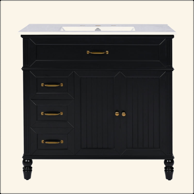 Meuble-lavabo 36 po avec lavabo, armoire de salle de bain noire avec tiroirs, structure solide et panneau de fibres à densité moyenne