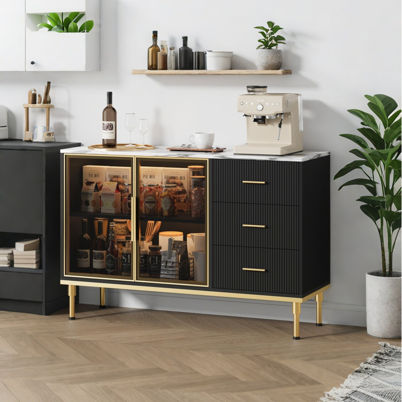  Modern Fluted Buffet Sideboard, 46.4" Faux Marble Top Cabinet, 3 Drawers, 2 Glass Doors, Kitchen Dining Room Storage, Noir