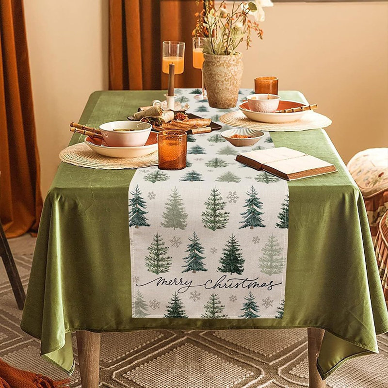 Chemin de table de Noël flocons de neige, décoration de table de salle à manger de saison vert d'hiver pour la décoration de fête