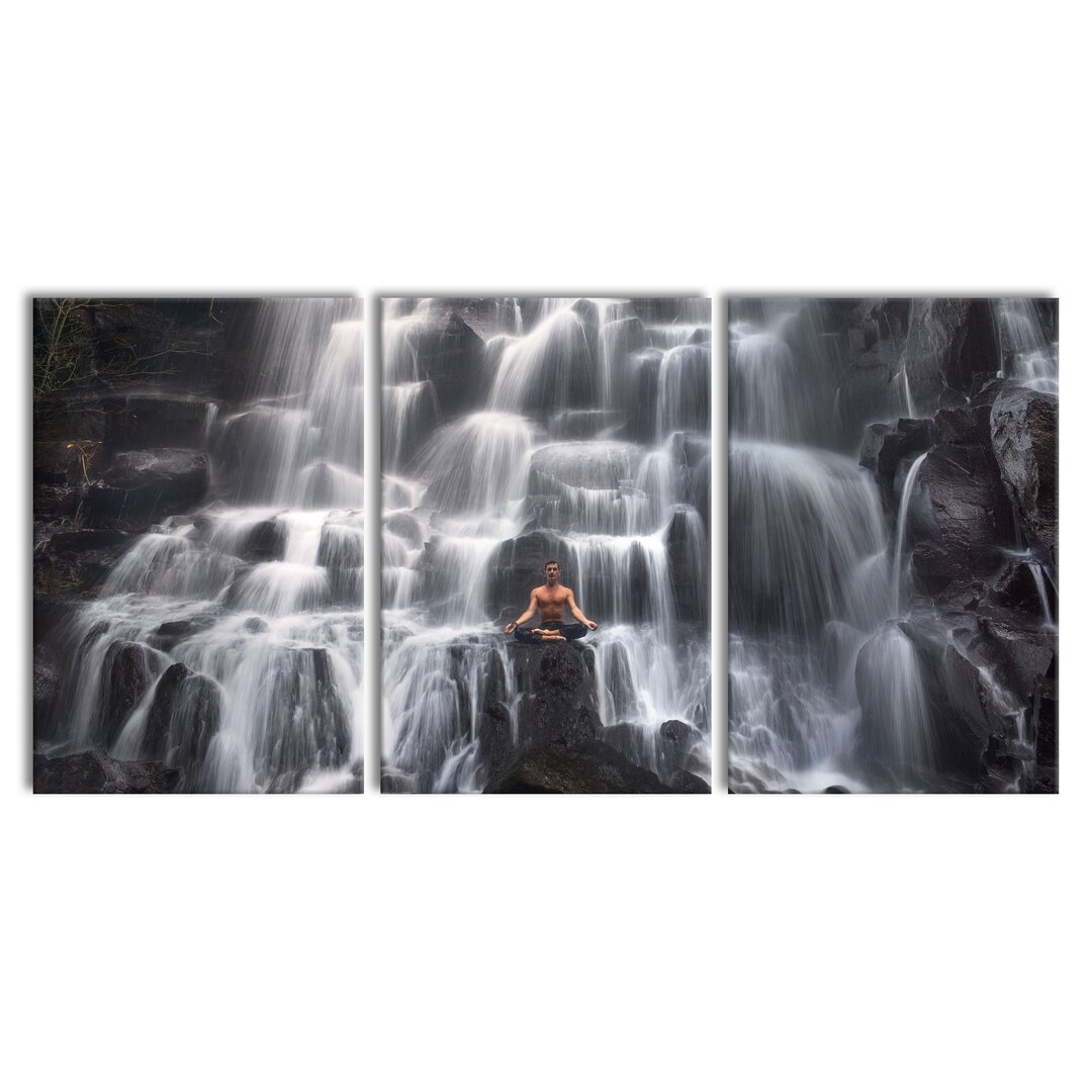 3-tlg. Leinwandbilder-Set Yoga am Wasserfall in Bali in Weiß