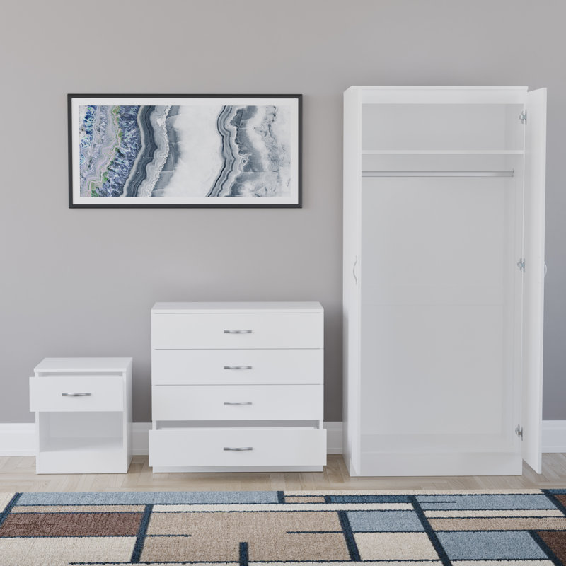 Maybery 3 Piece Bedroom Set (1 Drawer Bedside Cabinet, 4 Drawer Chest, 2 Door Wardrobe), (4), White