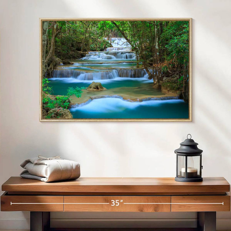 Cascade de la forêt de Kanchanaburi, 25 po x 17 po, Cadre flottant en bois naturel
