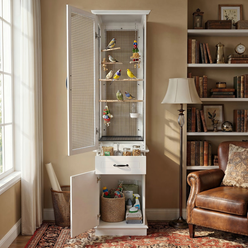 Cage à oiseaux moderne avec armoire de rangement avec plateau amovible et grillage pour petits et moyens oiseaux