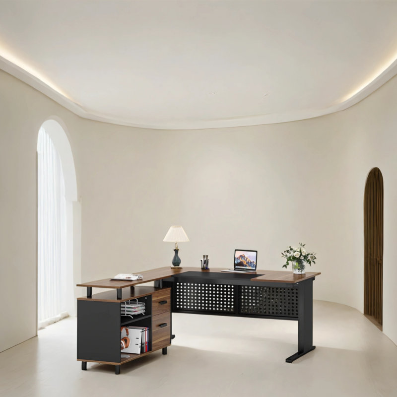 Bureau en L avec classeur, Noir / brun