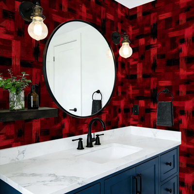Peel and Stick Wallpaper Buffalo plaid check black lines stripes red Wall Mural 17.7"W x 118"H Self Adhesive Removable Wall Paper Renter Friendly Wallpaper for Nursery Bedroom Cabinets