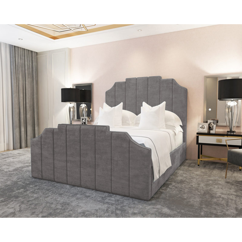 Annalei Regal Velvet Upholstered Bed Frame - Shaped Headboard, Chrome Feet, Grey, Kingsize (5')